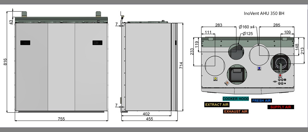 Rekuperatorius ENSY InoVent AHU-350BH vert. deš.p. 400m³/h. Komplekte valdiklis su WI-FI