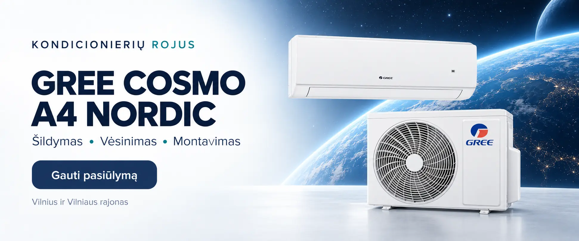 Gree Cosmo A4 Nordic. Šildymas, vėsinimas ir montavimas Vilniuje ir Vilniaus rajone.